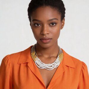 White & Mustard Beaded Multi-Strand Necklace | Boho Chic